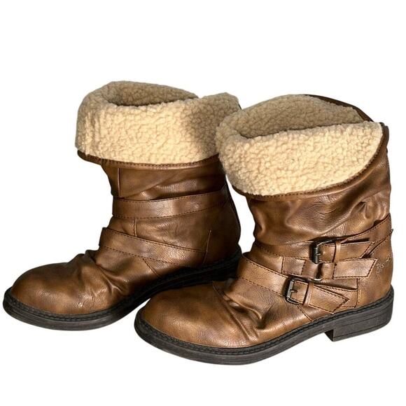 Blowfish Shoes - Blowfish Sz 8.5 Mid-Calf Brown Vegan Leather Boots Foldover Faux Fur Buckles